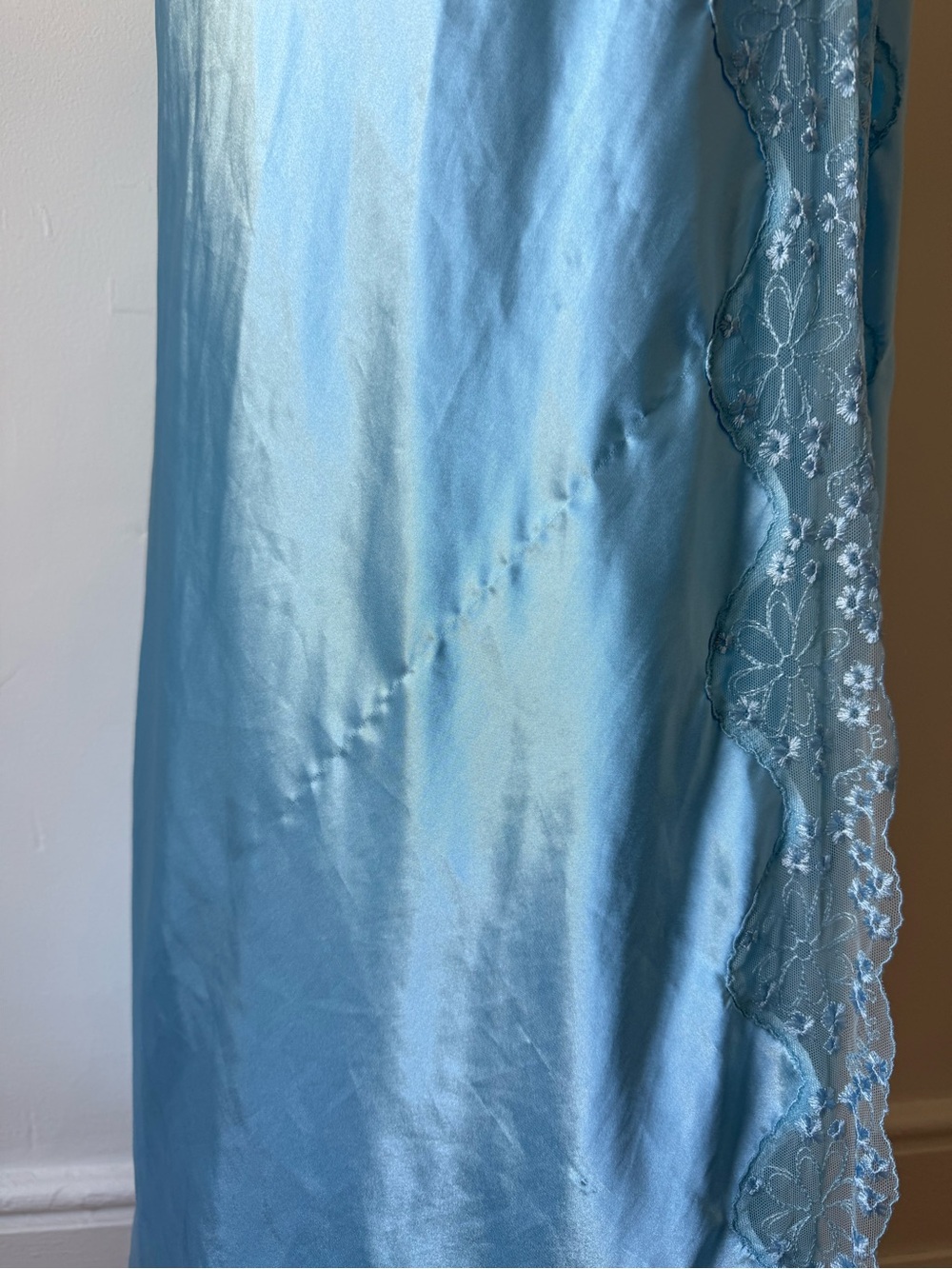 La Senza Blue Satin Slip Dress Y2K Lace Trim Maxi Nightgown Size M - Picture 5 of 9